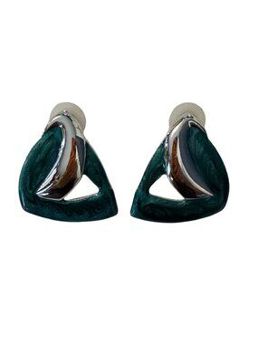 Vintage Green Enamel Silver Tone Triangle Clip On Earrings Abstract Geometric 1x